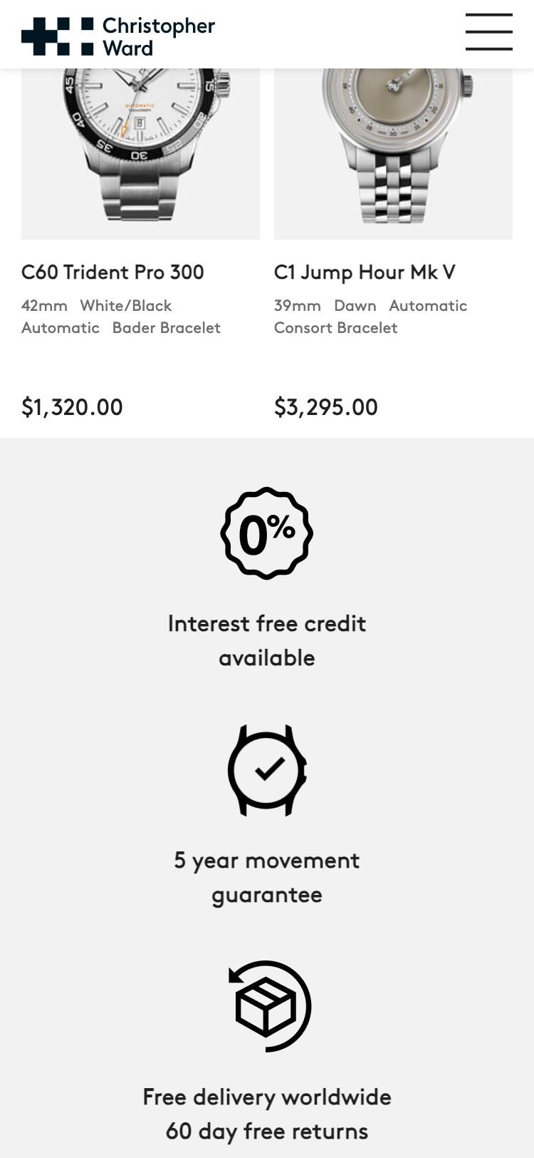 Christopher Ward — Cart with trust badges, Mobile
